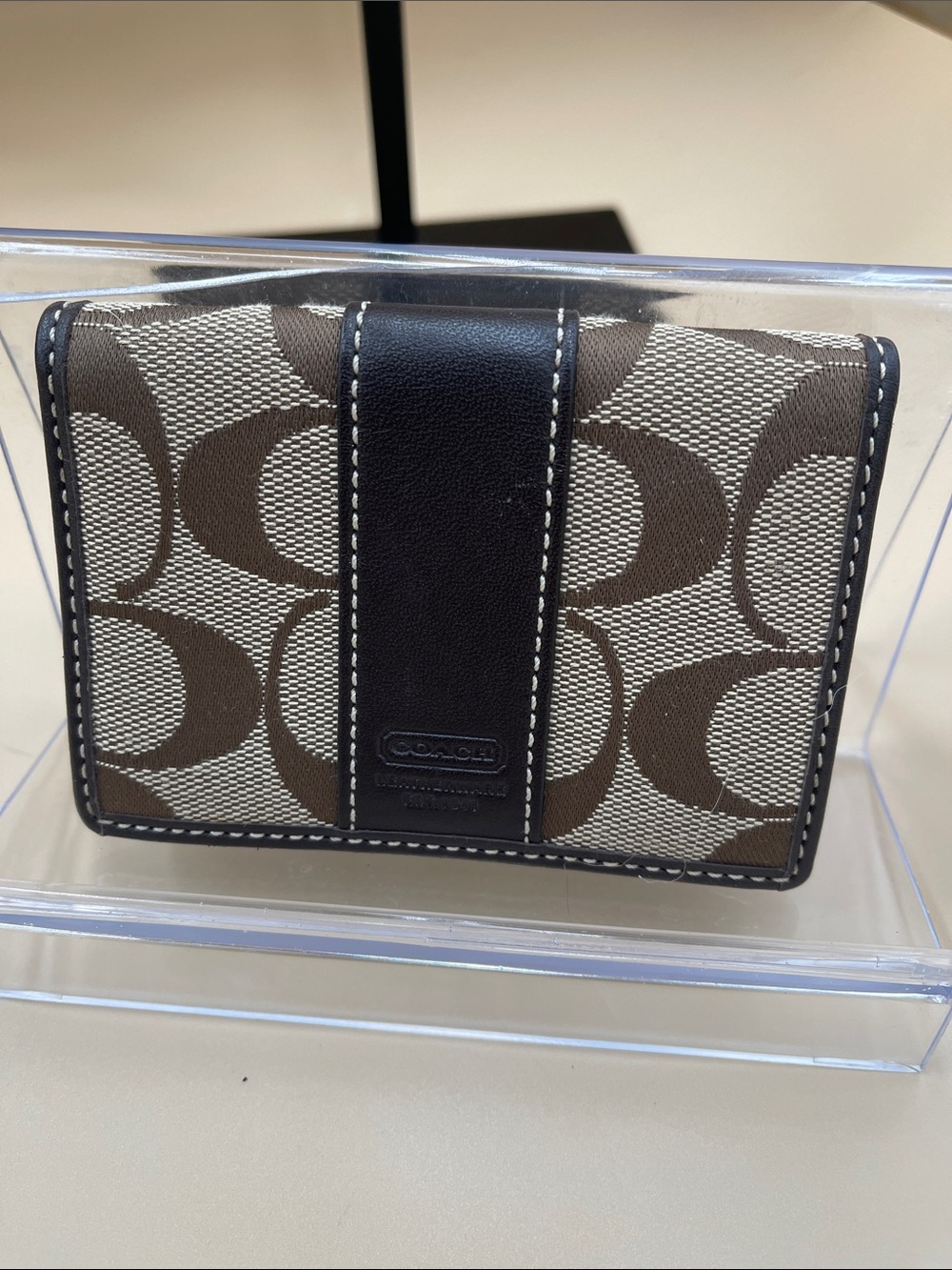 Coach Brown Signature Canvas Card Holder with Dark Leather Accent